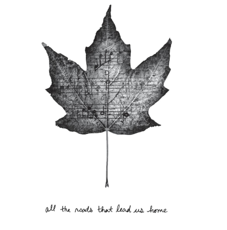 une feuille d'érable en nuances de gris avec des partitions imprimées dessus, et le titre de l'album écrit à la main en dessous, le tout sur un fond blanc