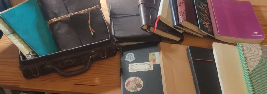 photographie de carnets de divers formats et couleurs, sur un bureau en bois, au nombre de 15